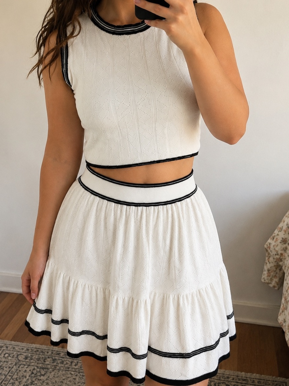Willow & Wind White Tiered Knit Circle Skirt with Black Trim